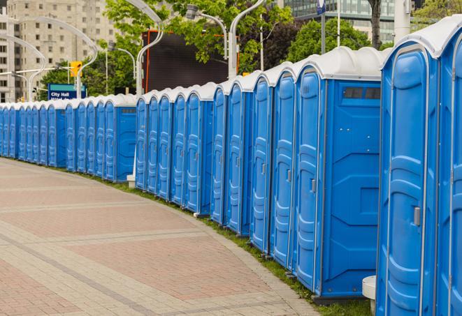 a row of portable restrooms at an outdoor special event, ready for use in Edgerton